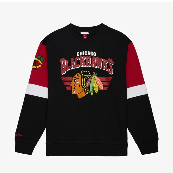 Mitchell Ness Black and Red Chicago Blackhawks Crewneck